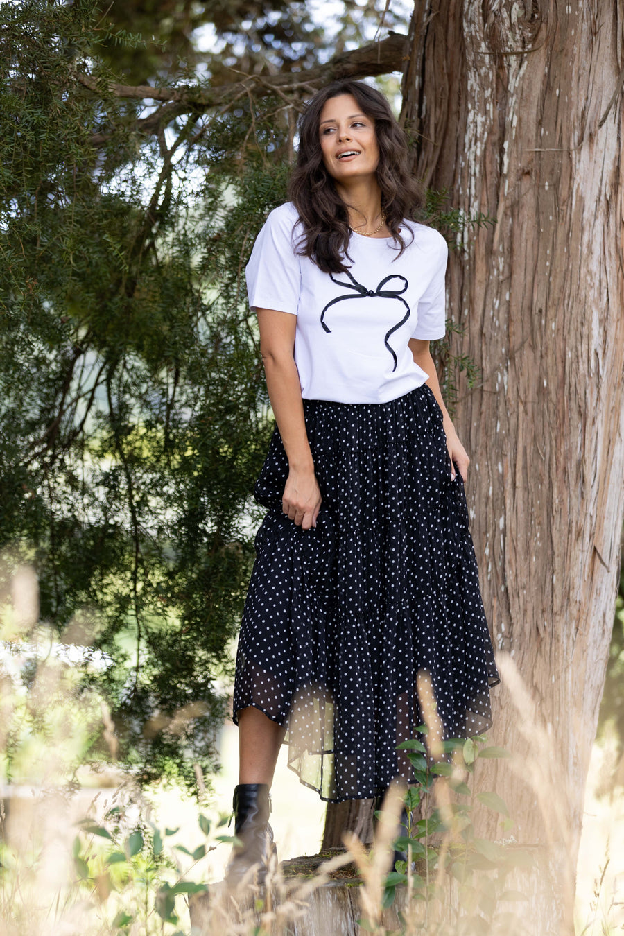 Gloss The Label Marlowe Shirred Detail Skirt Black Polka Dot