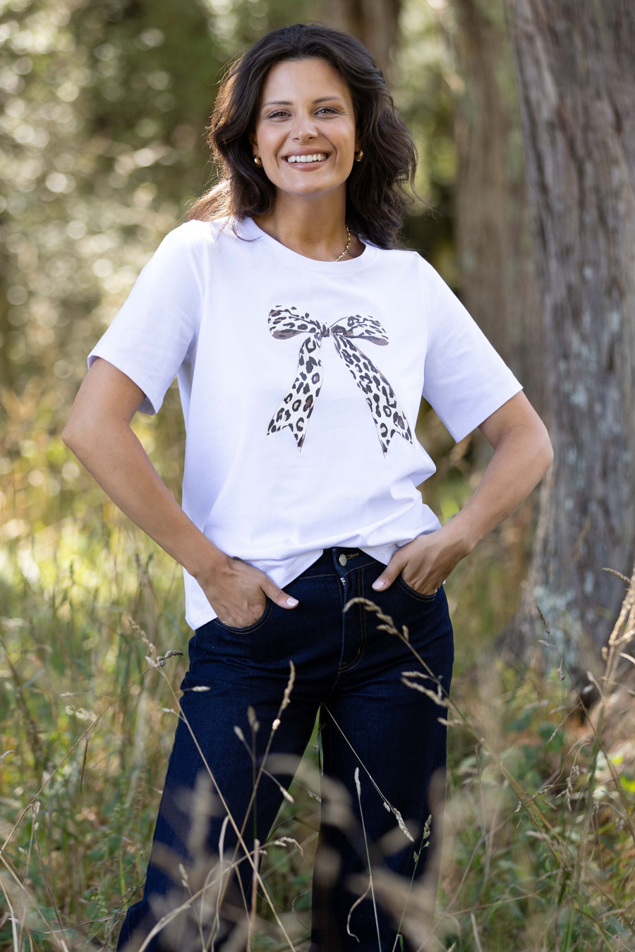 Shine On Label Animal Print Bow Tee White