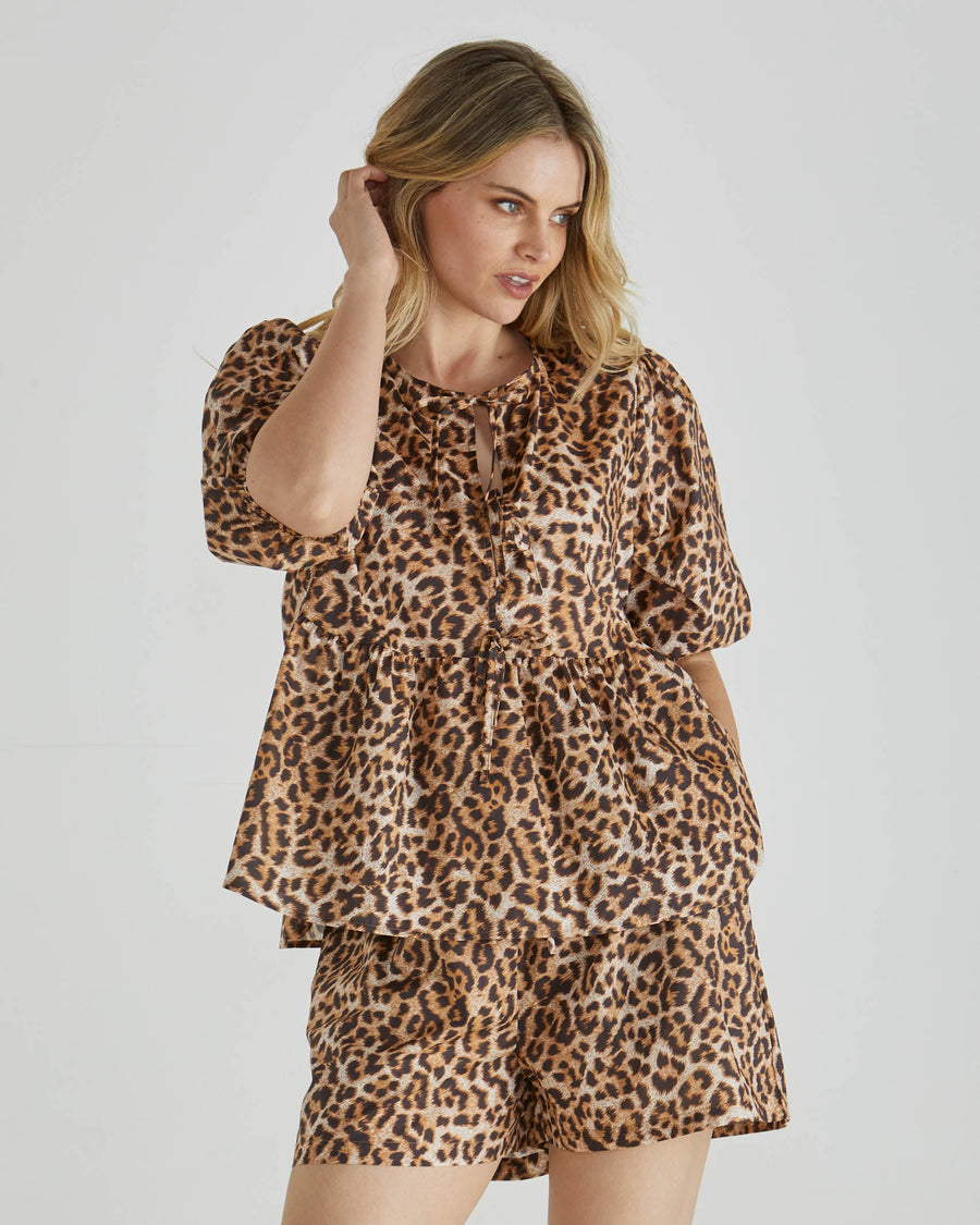 Sass Sylvie Peplum Tie Top Leopard