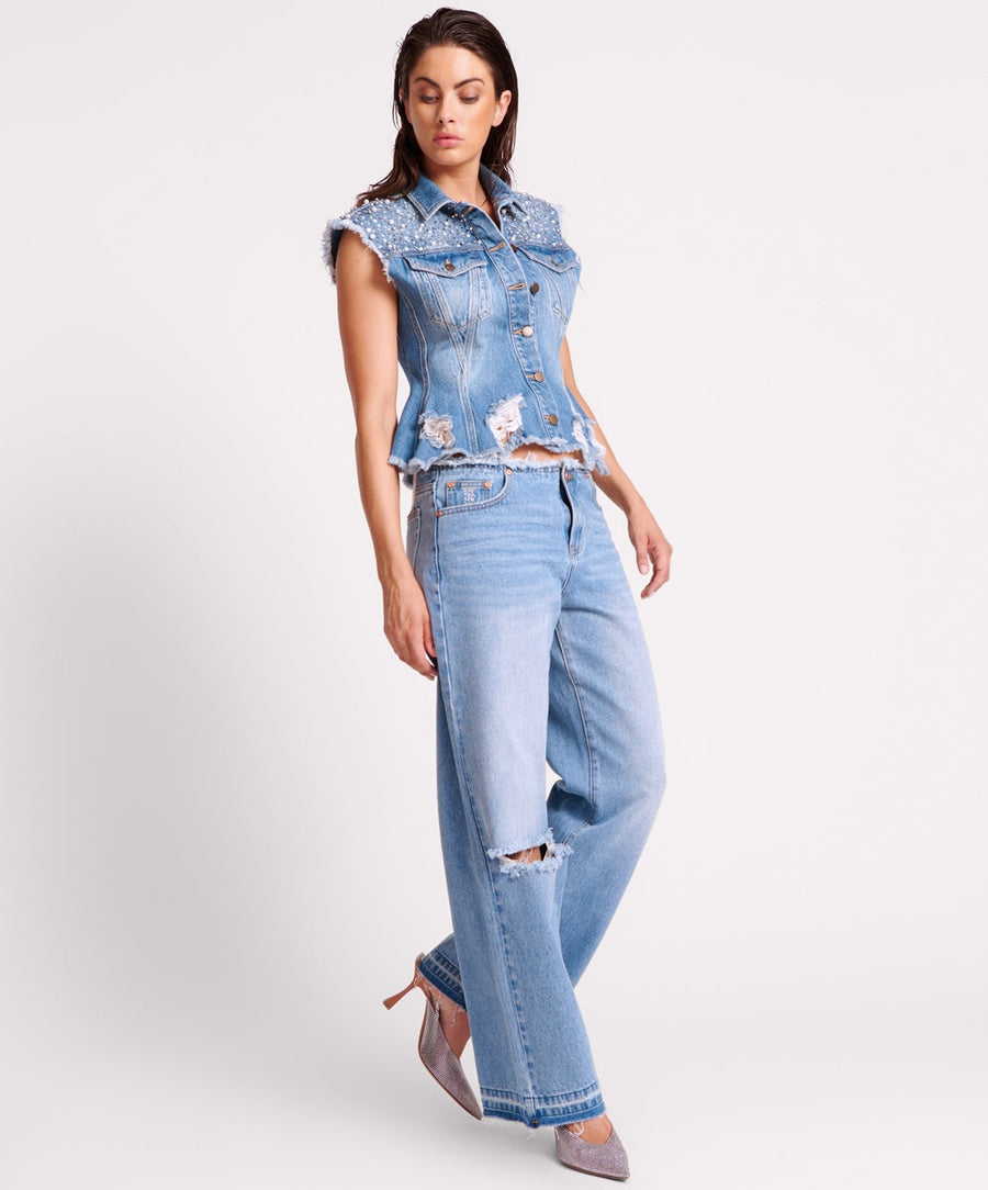 One Teaspoon Lowriders Low Waist Wide Leg Jeans Bolt Blue