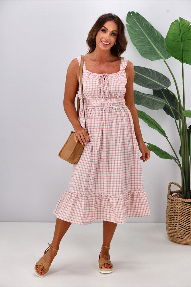 Shine On Label Arielle Checked Frilled Hem Dress Rose White