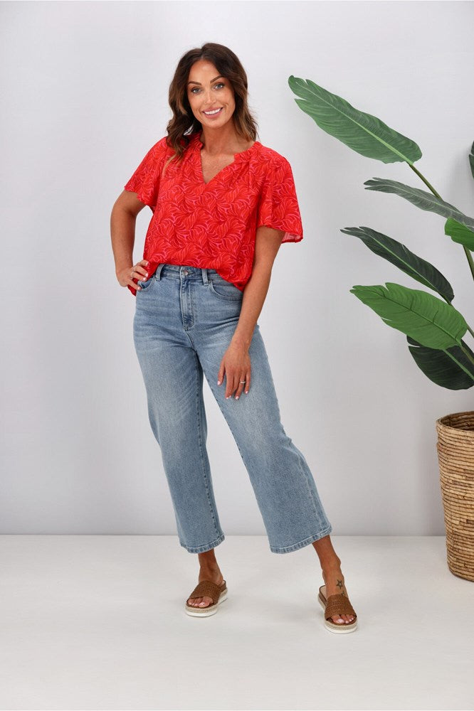 Gloss by Shine On Celeste Flutter Sleeve Blouse Pink Red Geo