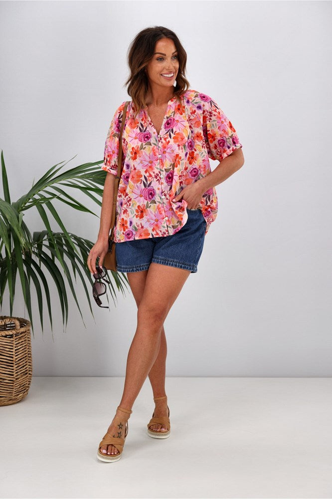 Gloss by Shine On Ananya Button Front Blouse Super Bright Floral