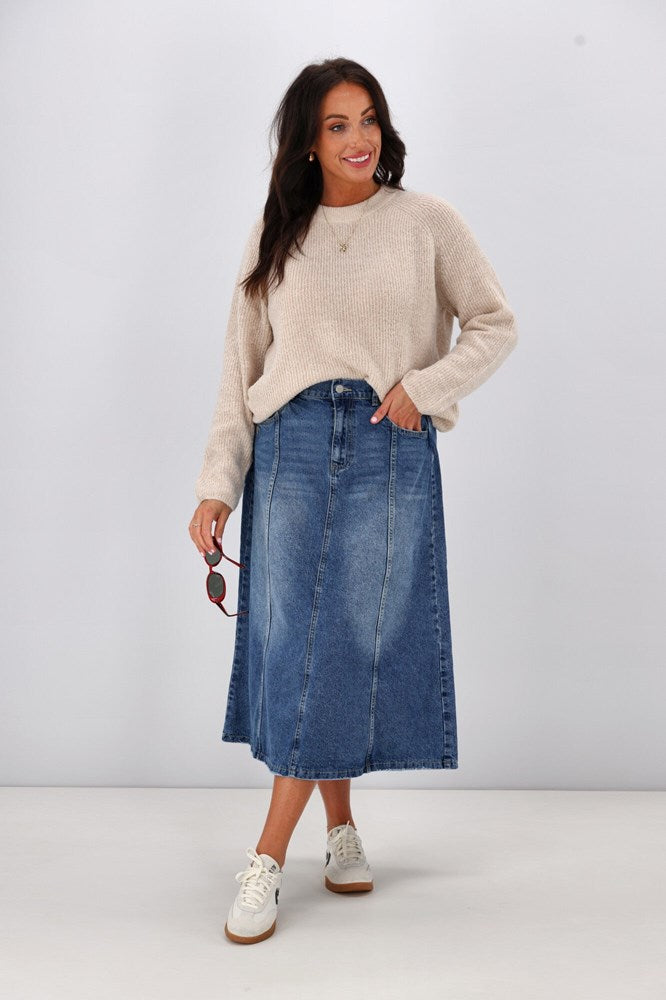 Shine On Label Radiance Panelled Denim Skirt Indigo