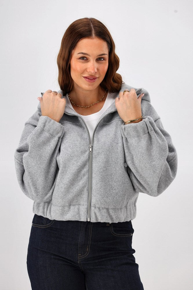 Shine On Label Metro Felt Hooded Bomber Jacket Grey Marl