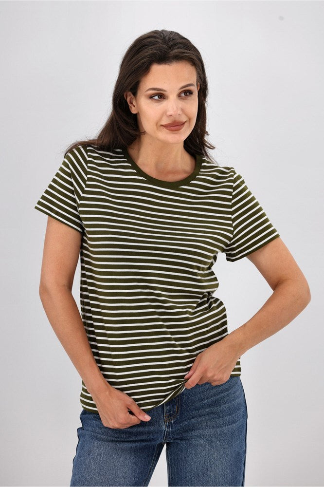 Shine On Essentials Stripe Tee Olive and White