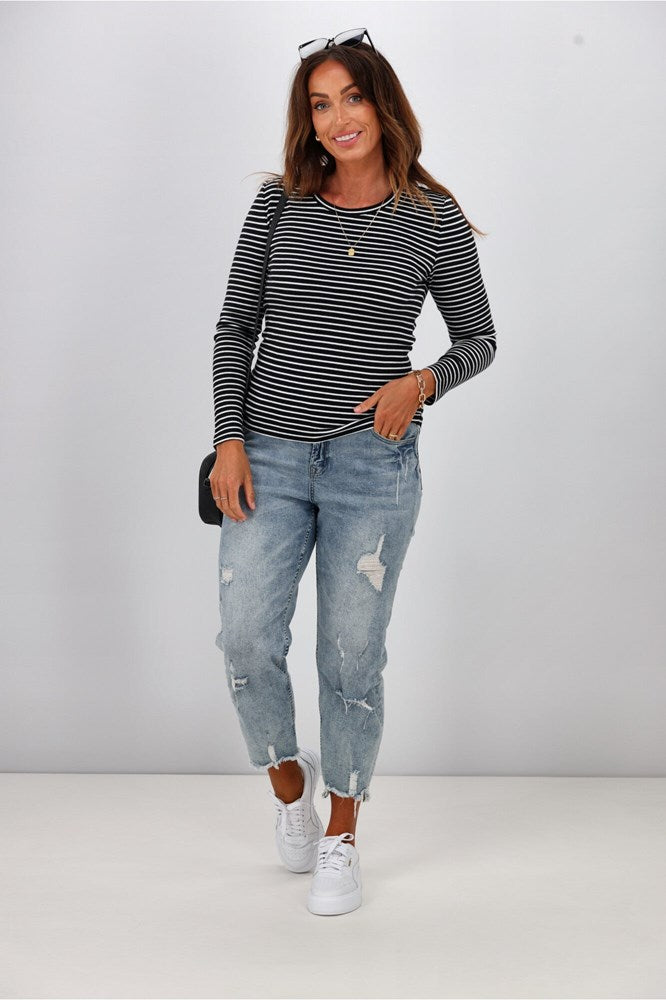 Shine On Essentials Stripe Rib Long Sleeve Black and White