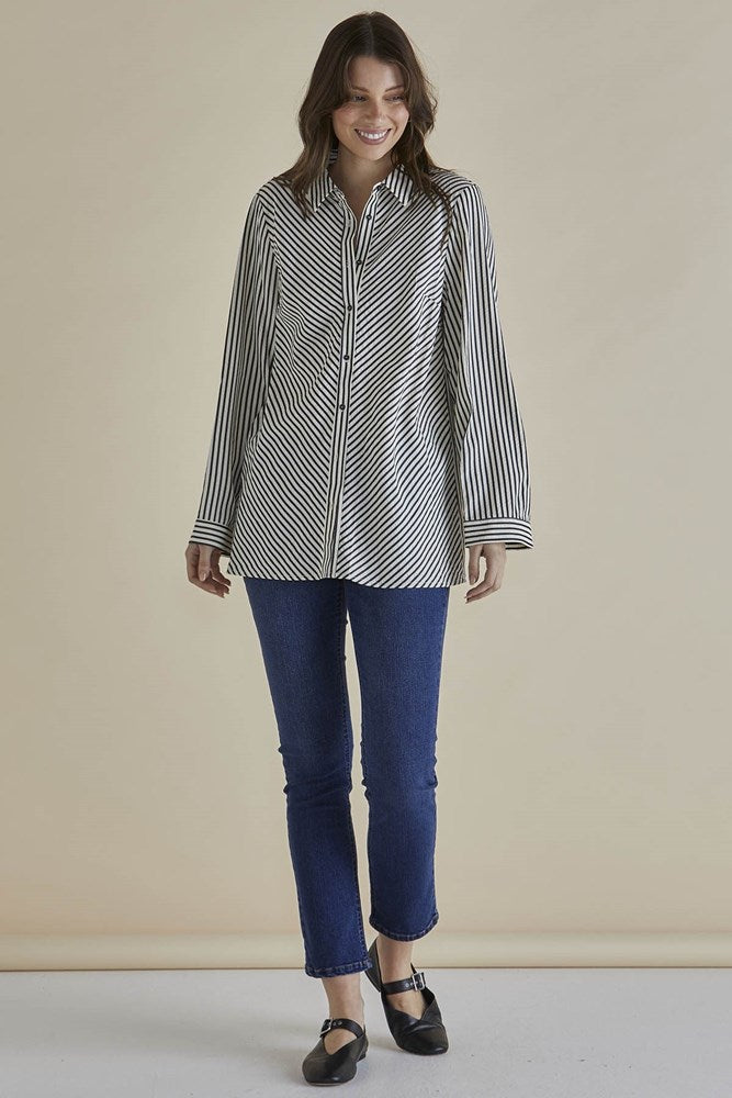 Betty Basics Crinkle Shirt Black/White Stripe