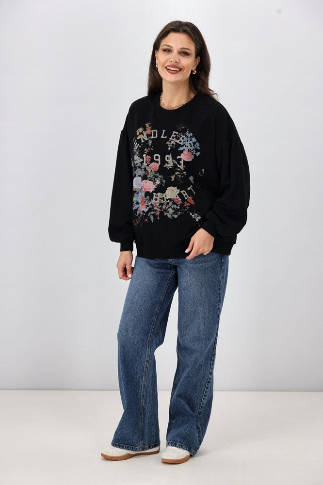 Shine On Label Henley Vintage Print Sweatshirt Washed Black