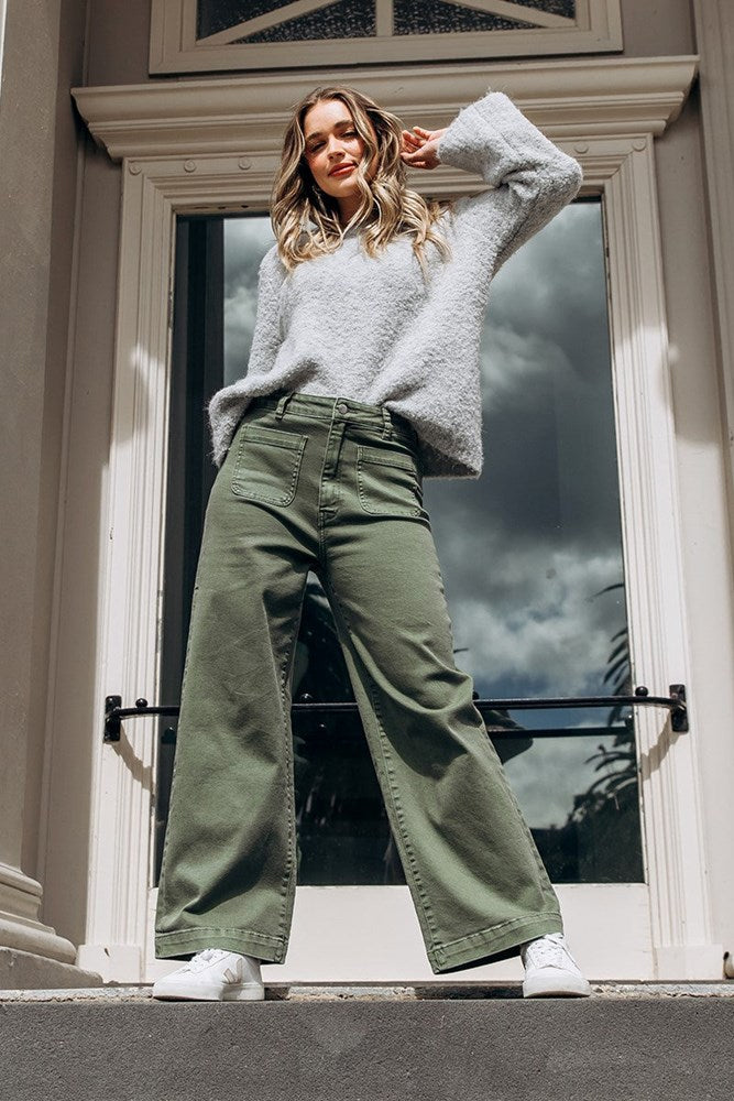 Foxwood Sarah Wide Leg Jean Washed Green