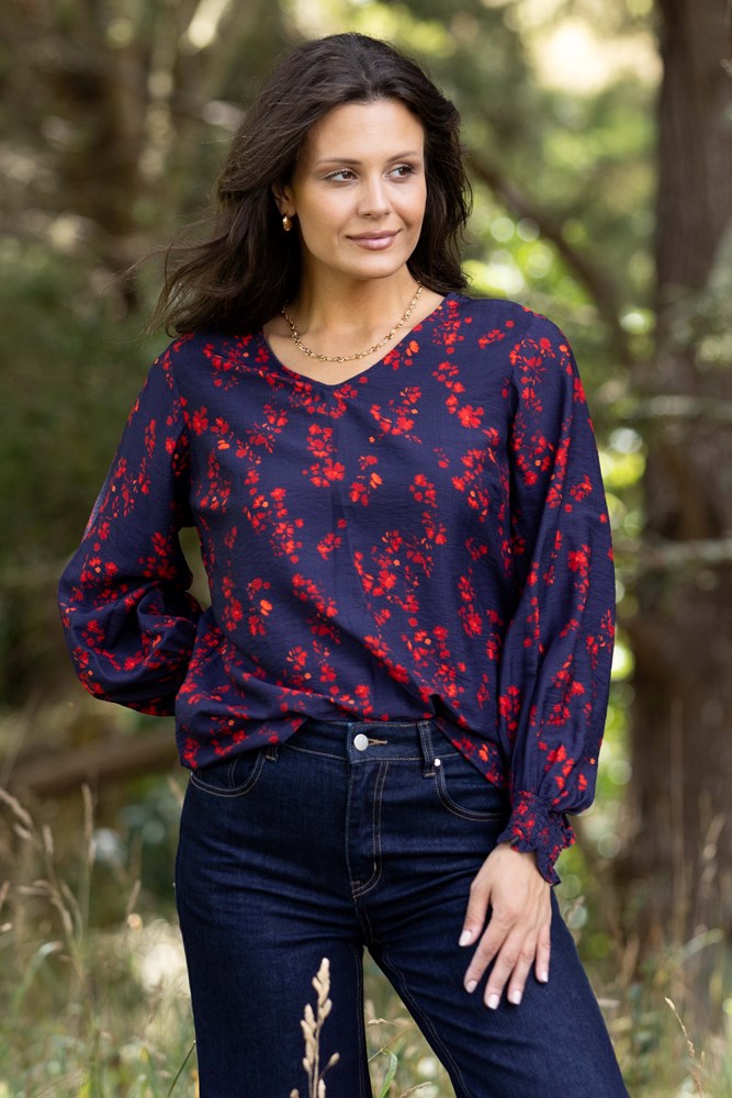 Gloss The Label Alex Blouson Sleeve Top Navy Sumac Floral