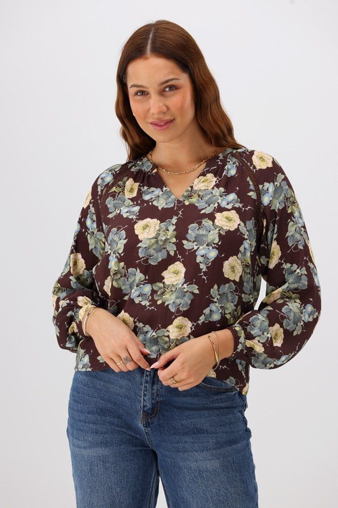 Gloss The Label Timiana Lace Trim Top Chocolate Floral