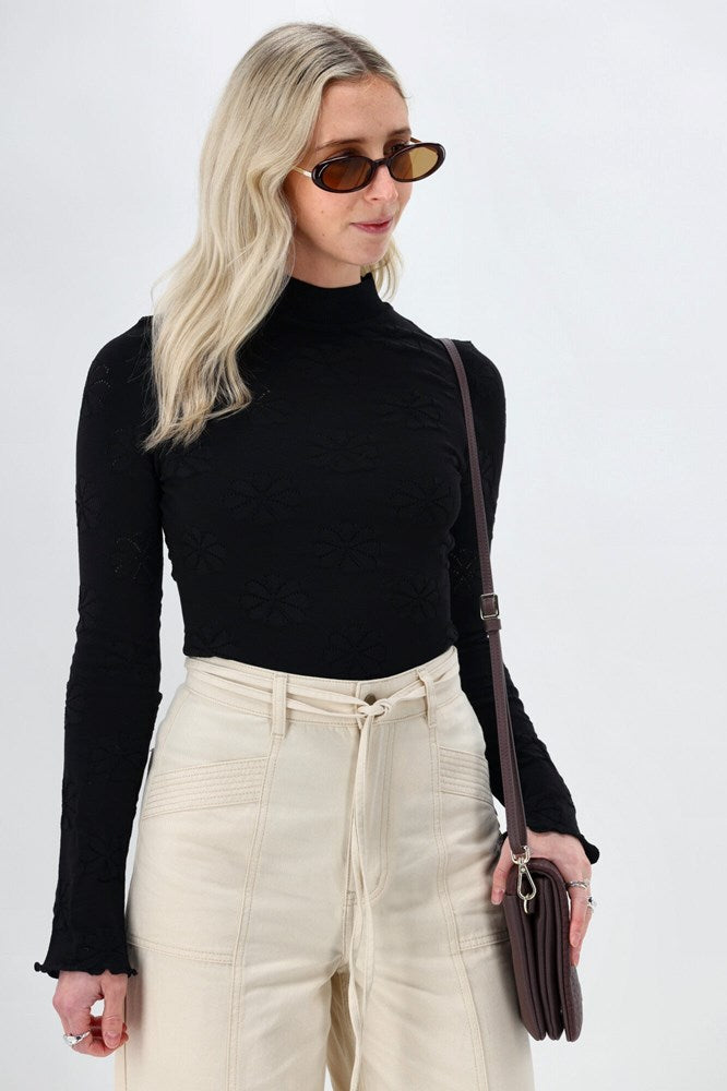 Minkpink Bowie Pointelle Skivvy Top Black