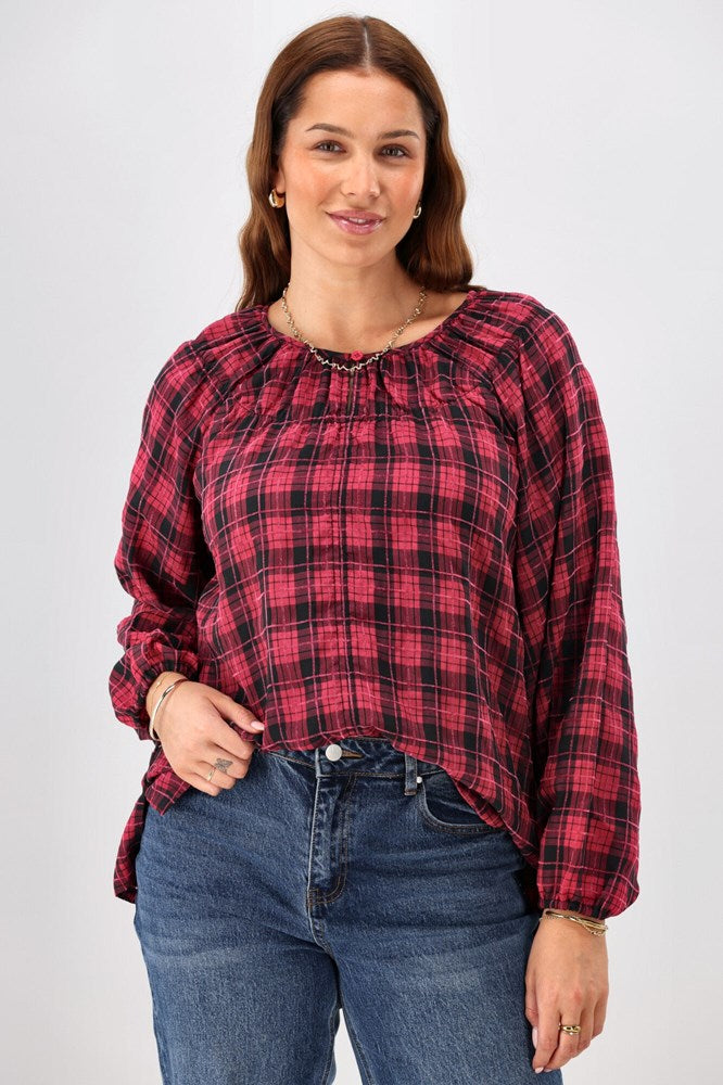 Shine On Label Katalina Check Top Red Pink Check