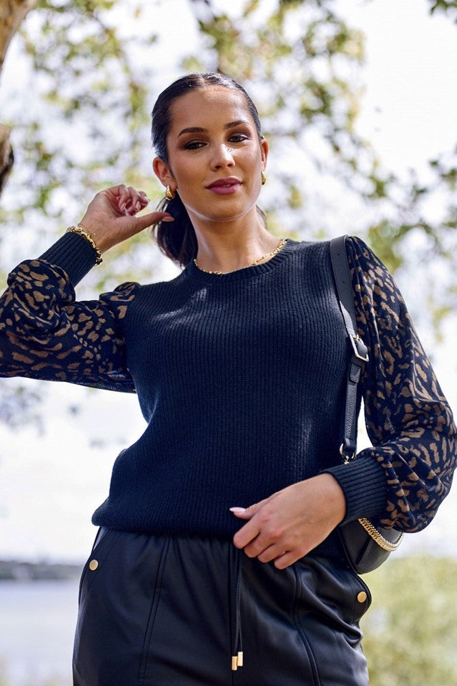 Shine On Label Tahnee Animal Print Sleeve Top Black