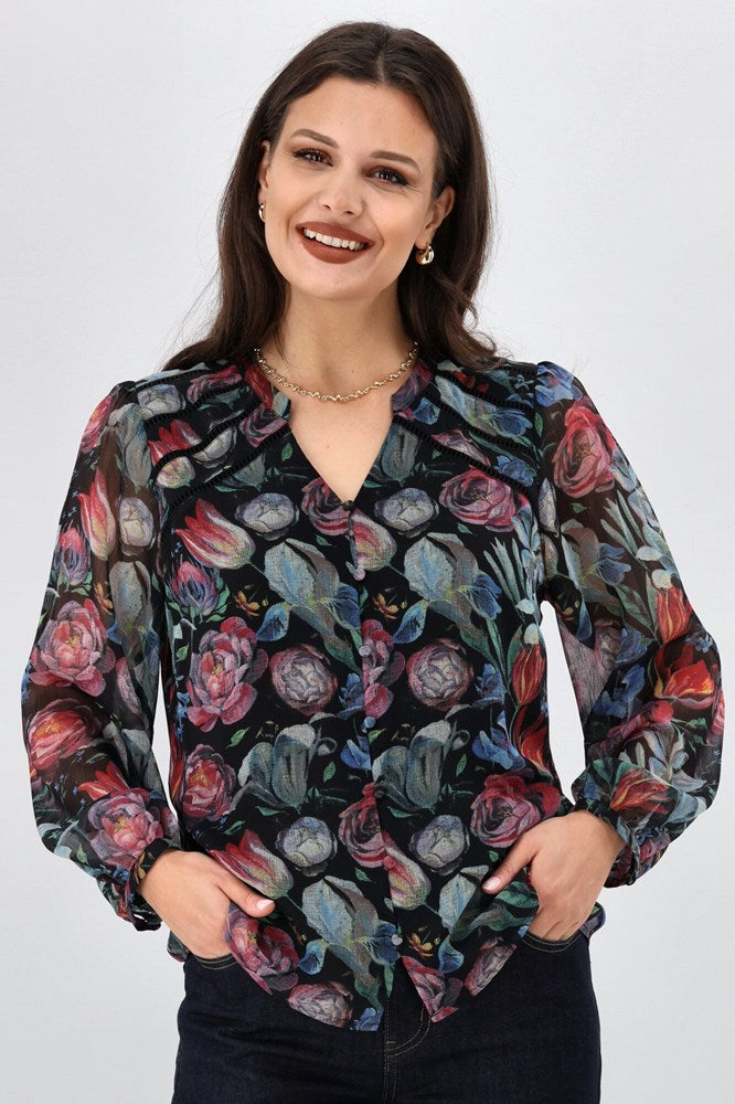 Gloss The Label Zena Ladder Lace Blouse Jewel Floral Print