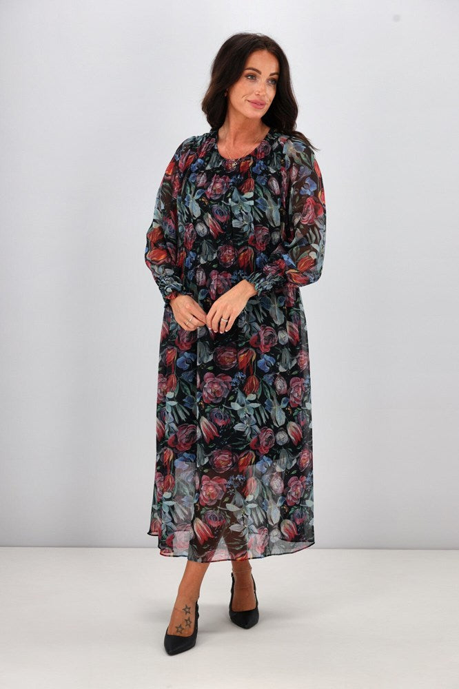 Gloss The Label Xanthe Maxi Pleated Dress Jewel Floral Print