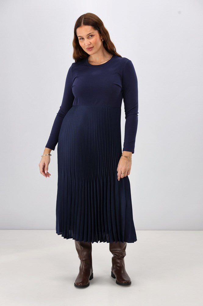 Gloss The Label Vester Knit Dress with Woven Pleat Skirt Midnight