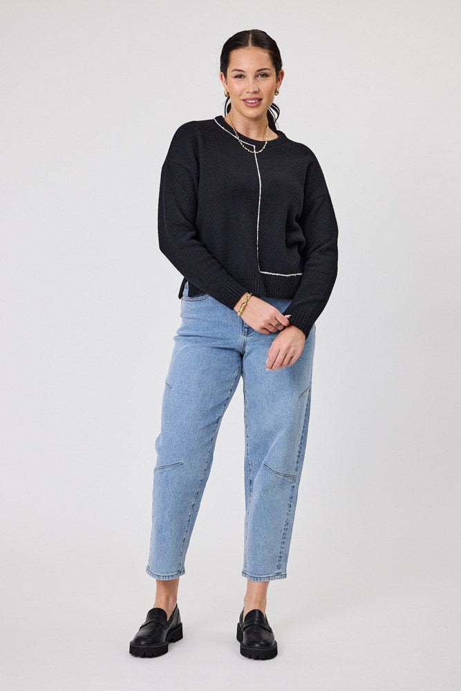 Shine On Label Excel Crew with Contrast Chain Link Detail Jumper Black with Ivory