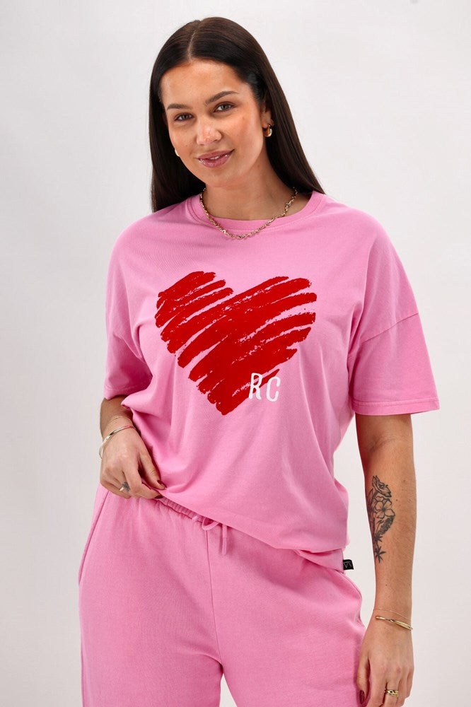 Rebel Club Flock Scribble Heart Tee Pink Wash