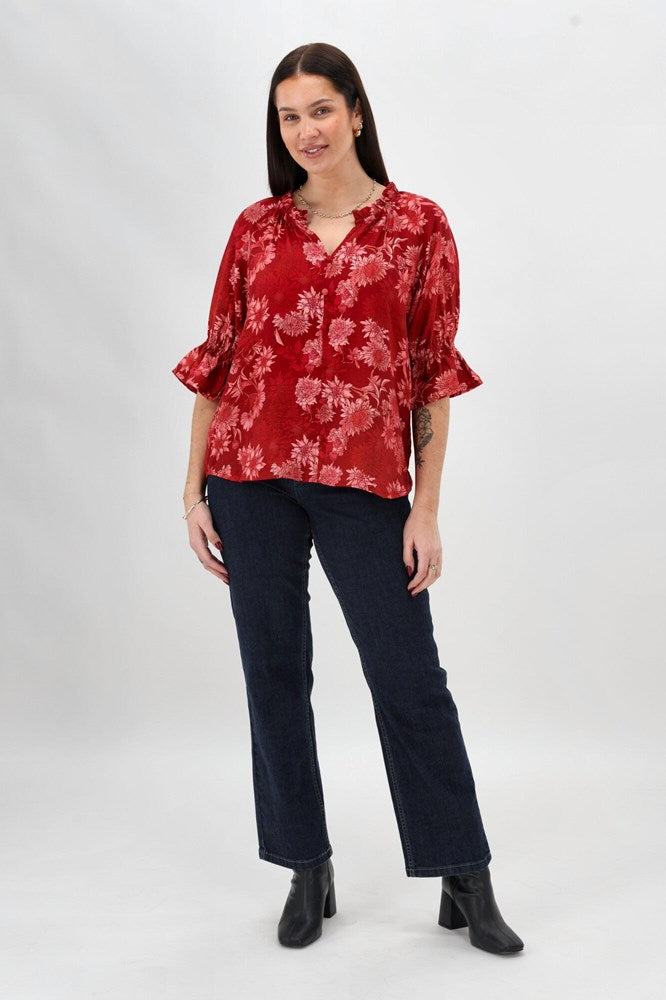 Gloss The Label Sophia Ruffle Neck Blouse Rust Floral