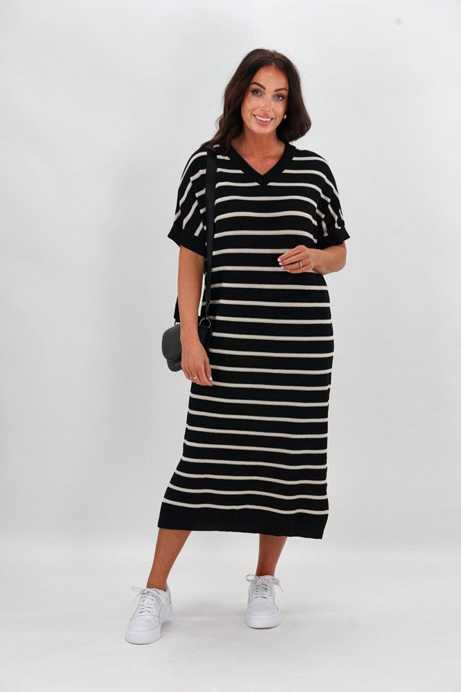 Shine On Label Patricia Batwing Dress Black Natural Stripe