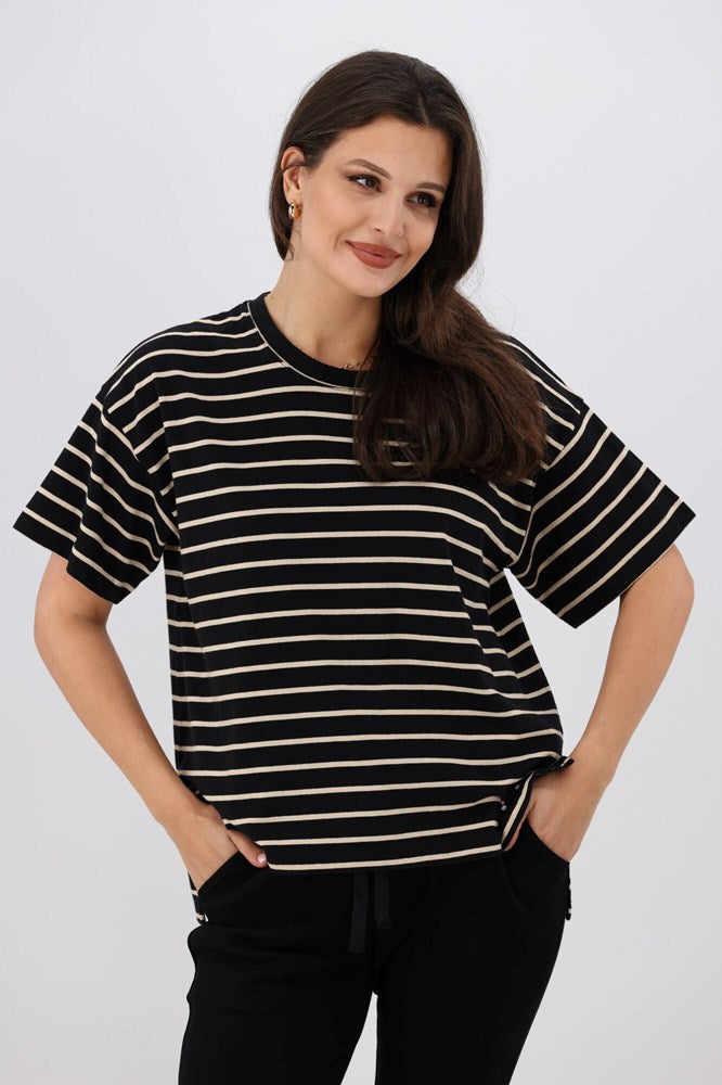 Shine On Essentials Relaxed Stripe Tee Black and Natural Stripe