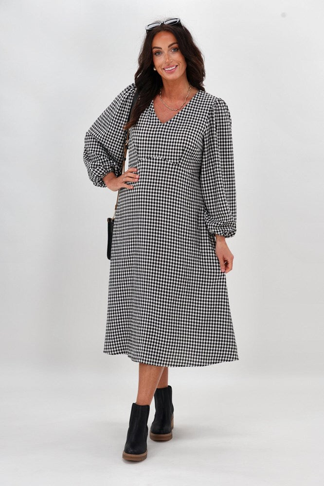 Shine On Label Nepia Check Midi Dress Black White