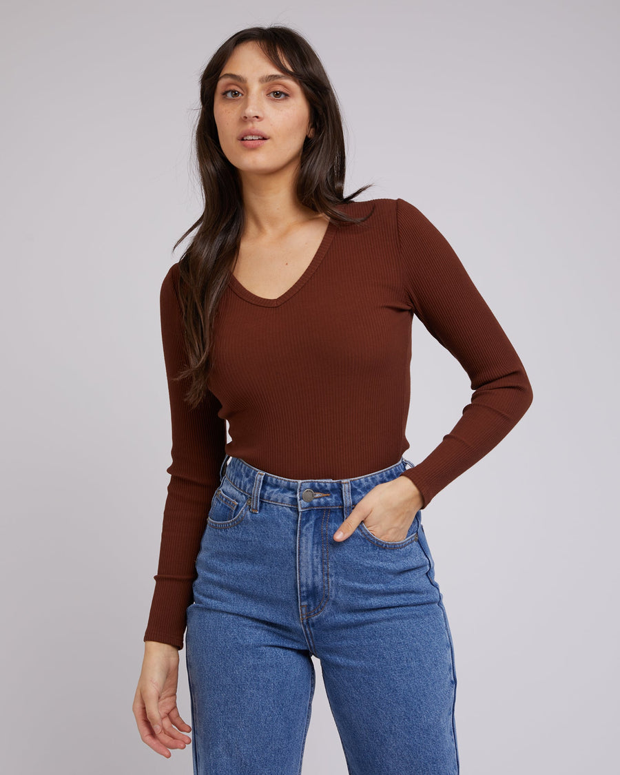 All About Eve Rib V Neck L/S Top Brown