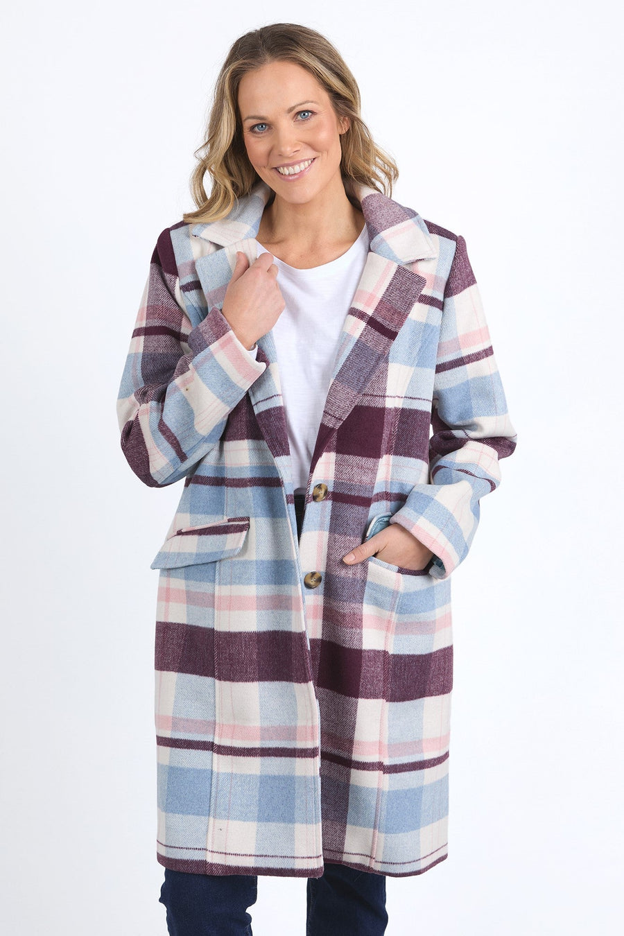 Elm Blanche Check Coat Steel Blue/Merlot/Geranium Check