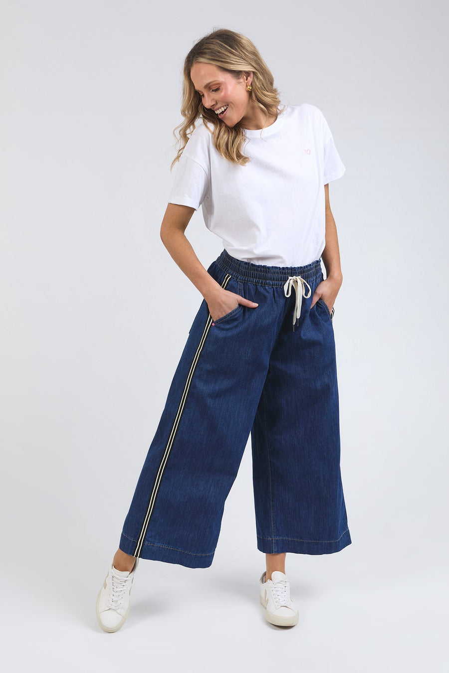 Elm Greta Wide Leg Pant with Side Tape Dark Blue Wash