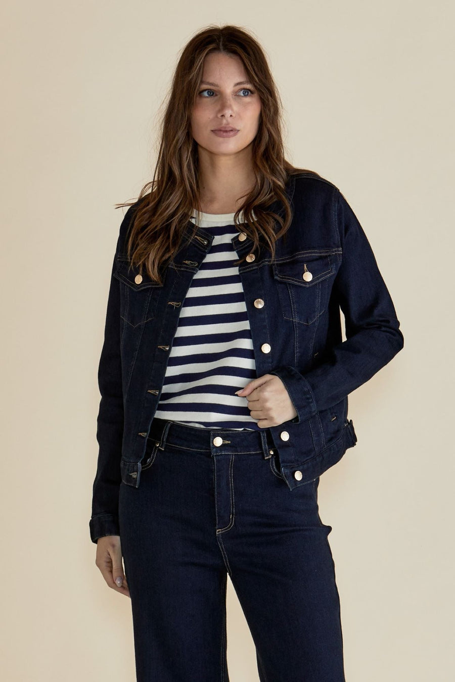 Betty Basics Cindy Collarless Denim Jacket Ink