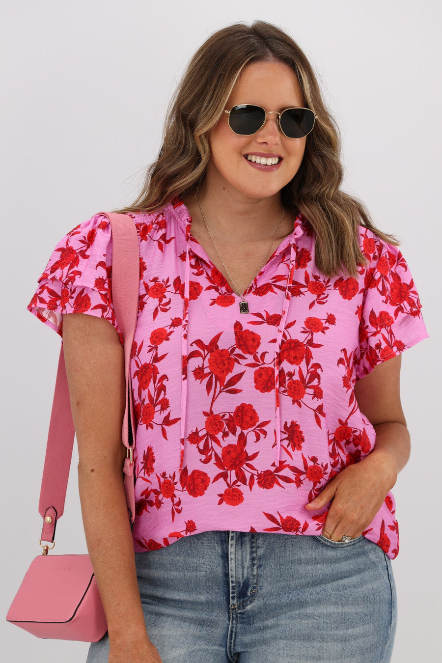 Gloss by Shine On Aspen Frill Sleeve Blouse Red Pink Floral