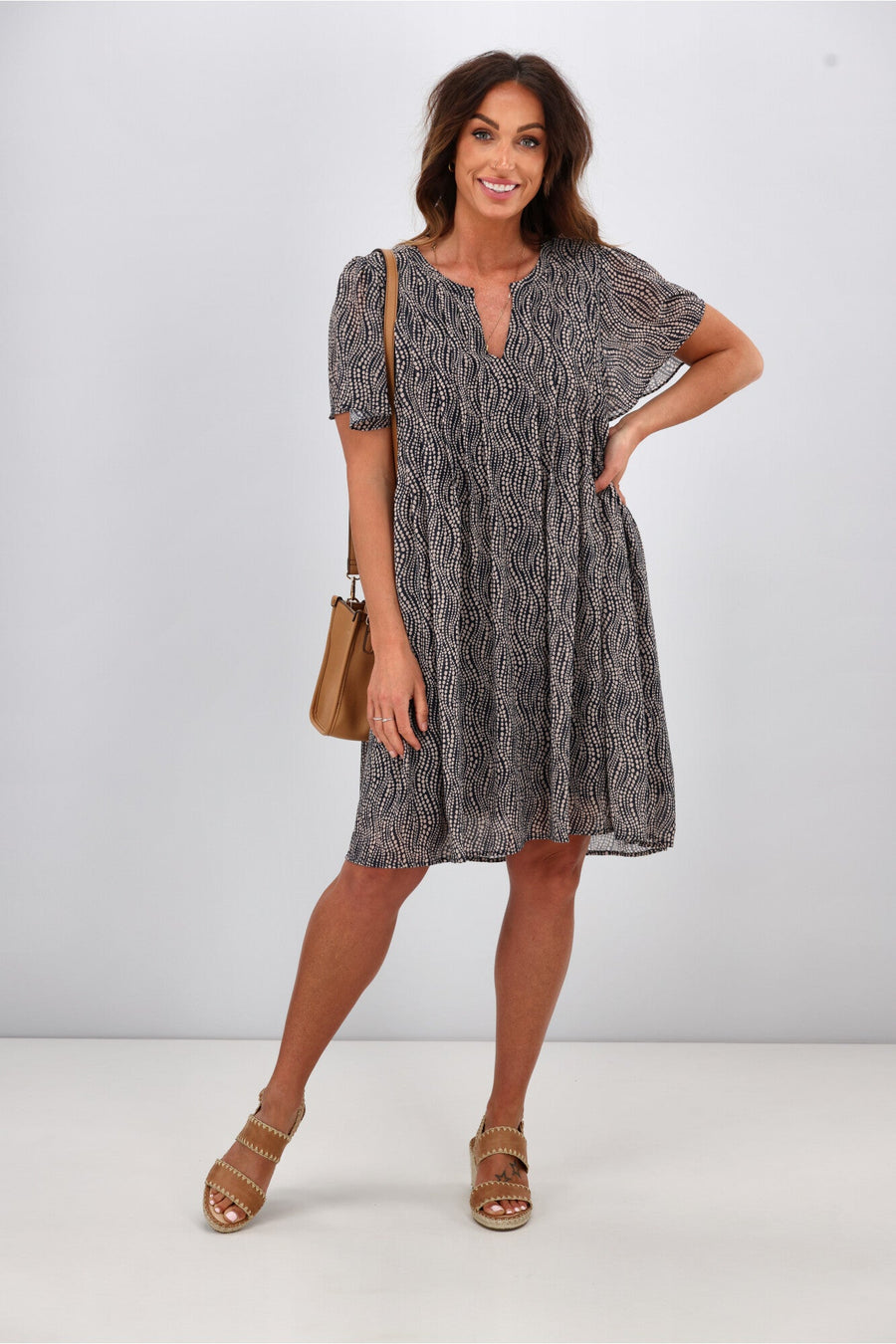 Gloss by Shine On Asya Pleat Front Dress Midnight Natural Spot Print