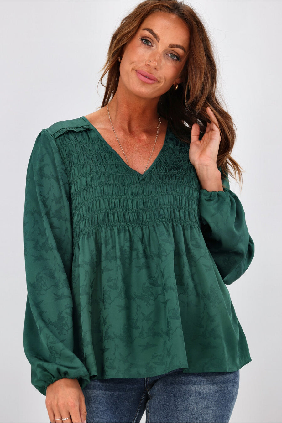 Gloss By Shine On Arabella Shirred Ruffle Blouse Jade