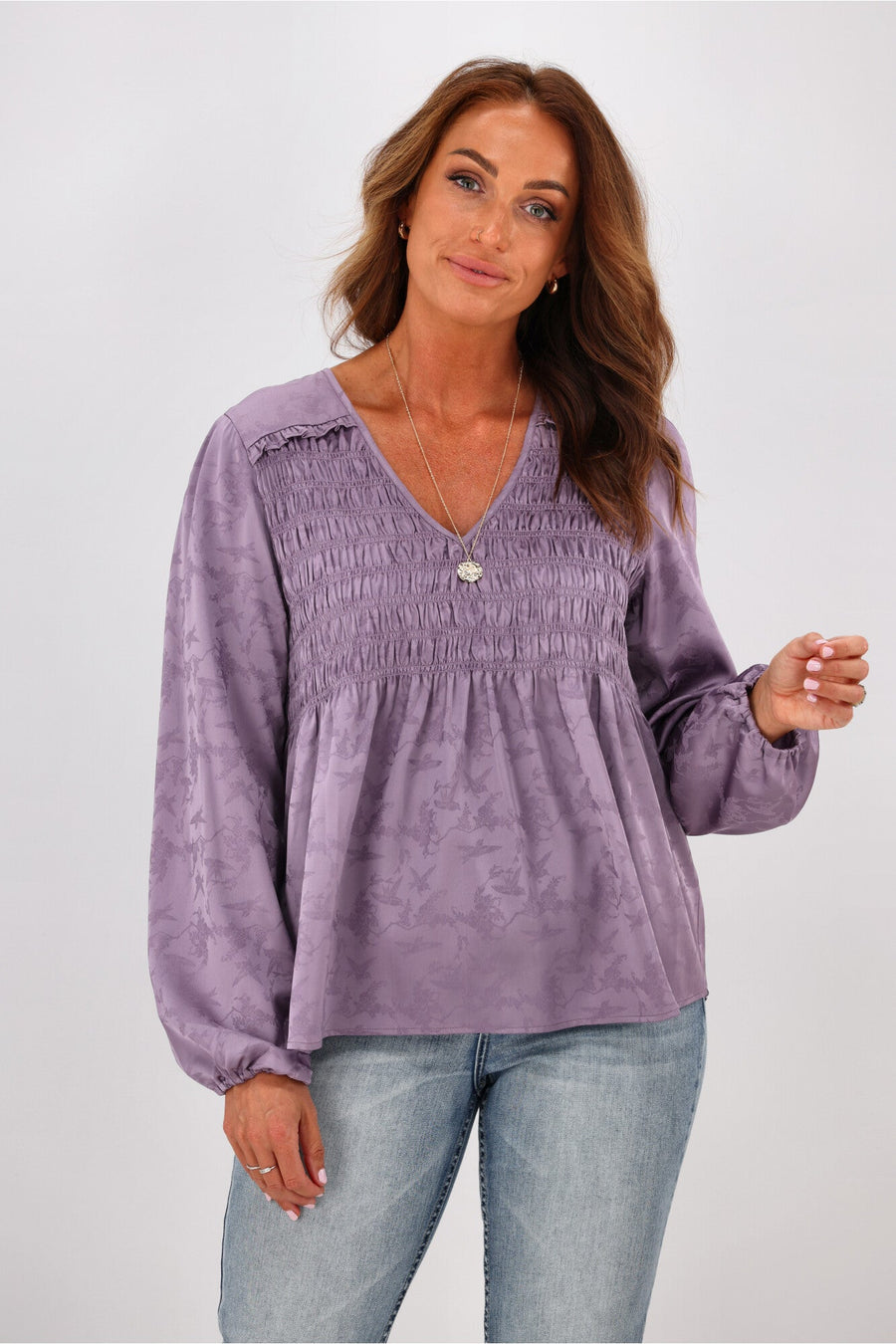 Gloss By Shine On Arabella Shirred Ruffle Blouse Mauve