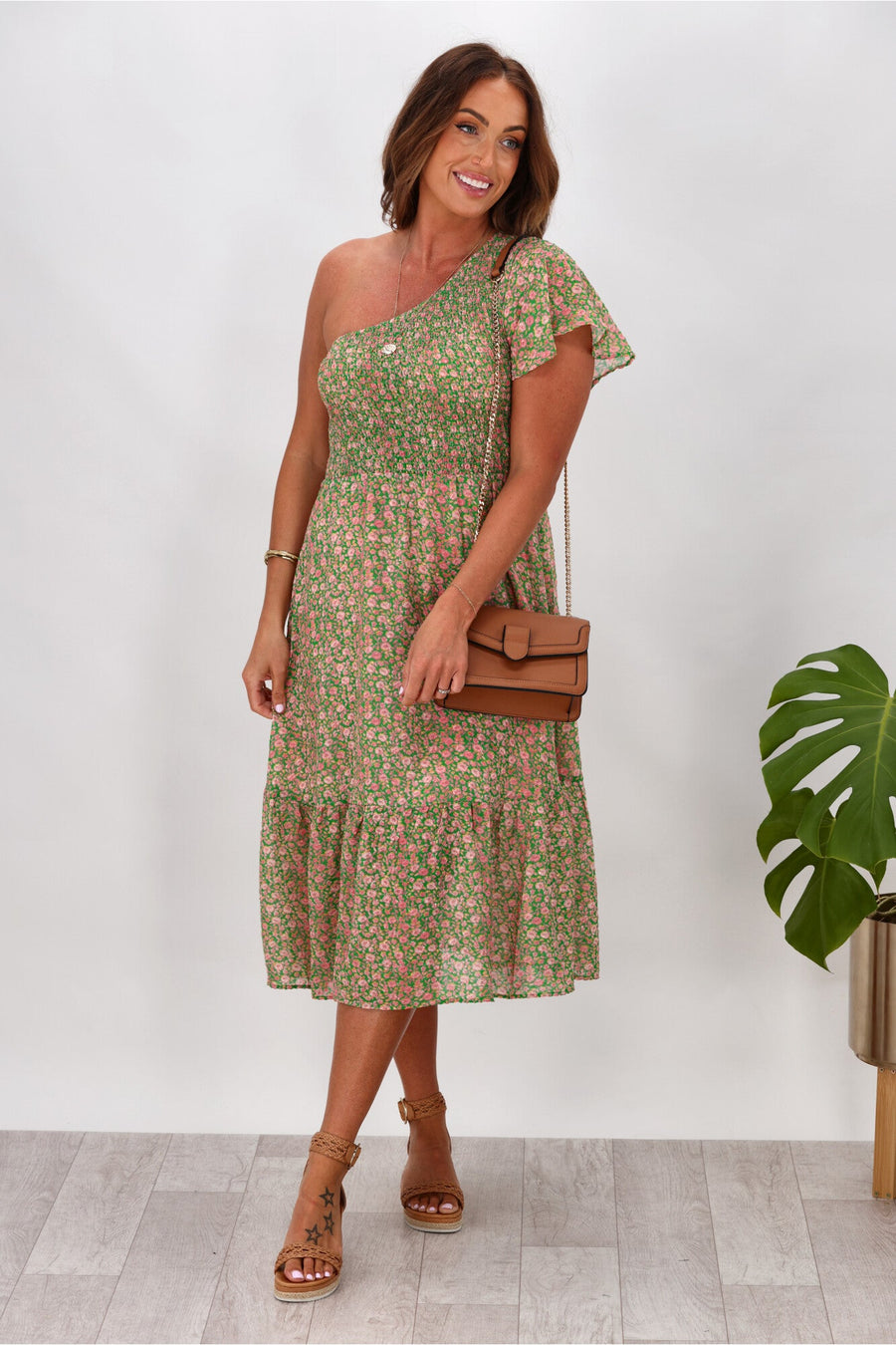Gloss by Shine On Camdyn On Shoulder Dress Green Pink Floral