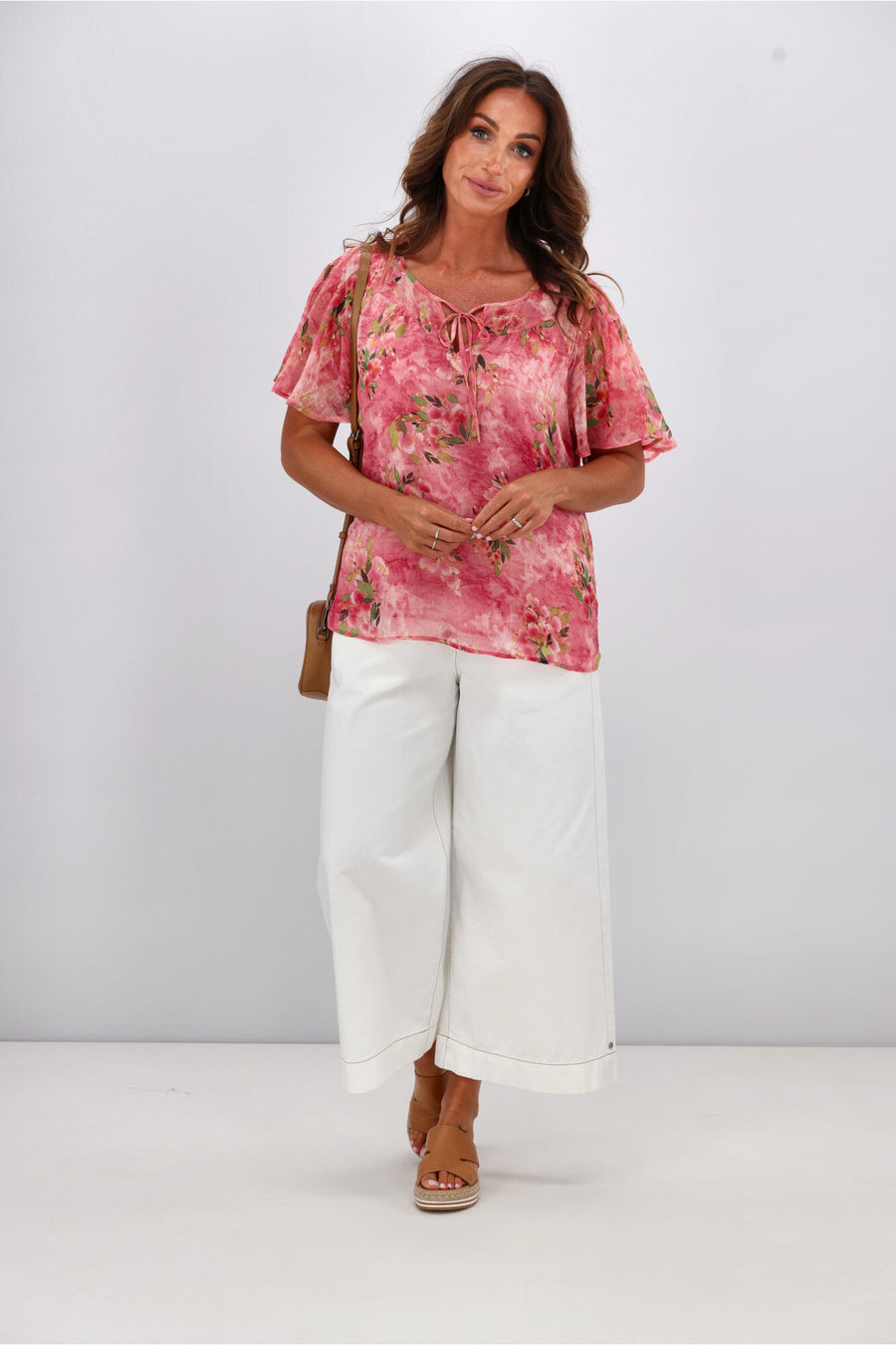 Gloss The Label Hilda Yoke Tie Top Pink Watercolour Floral
