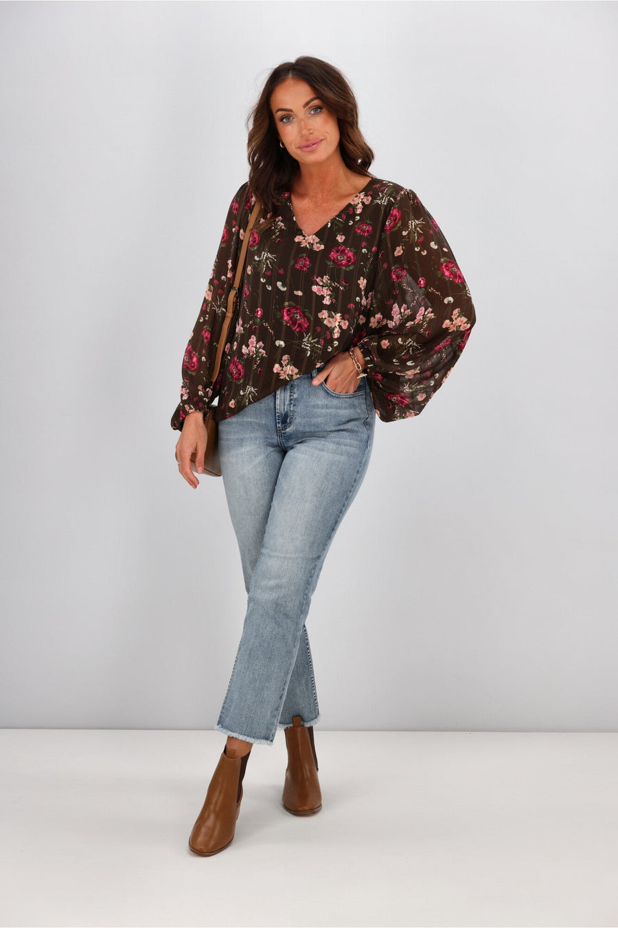 Gloss by Shine On Kinsella Blouson Sleeve Blouse Brown Stripe Floral