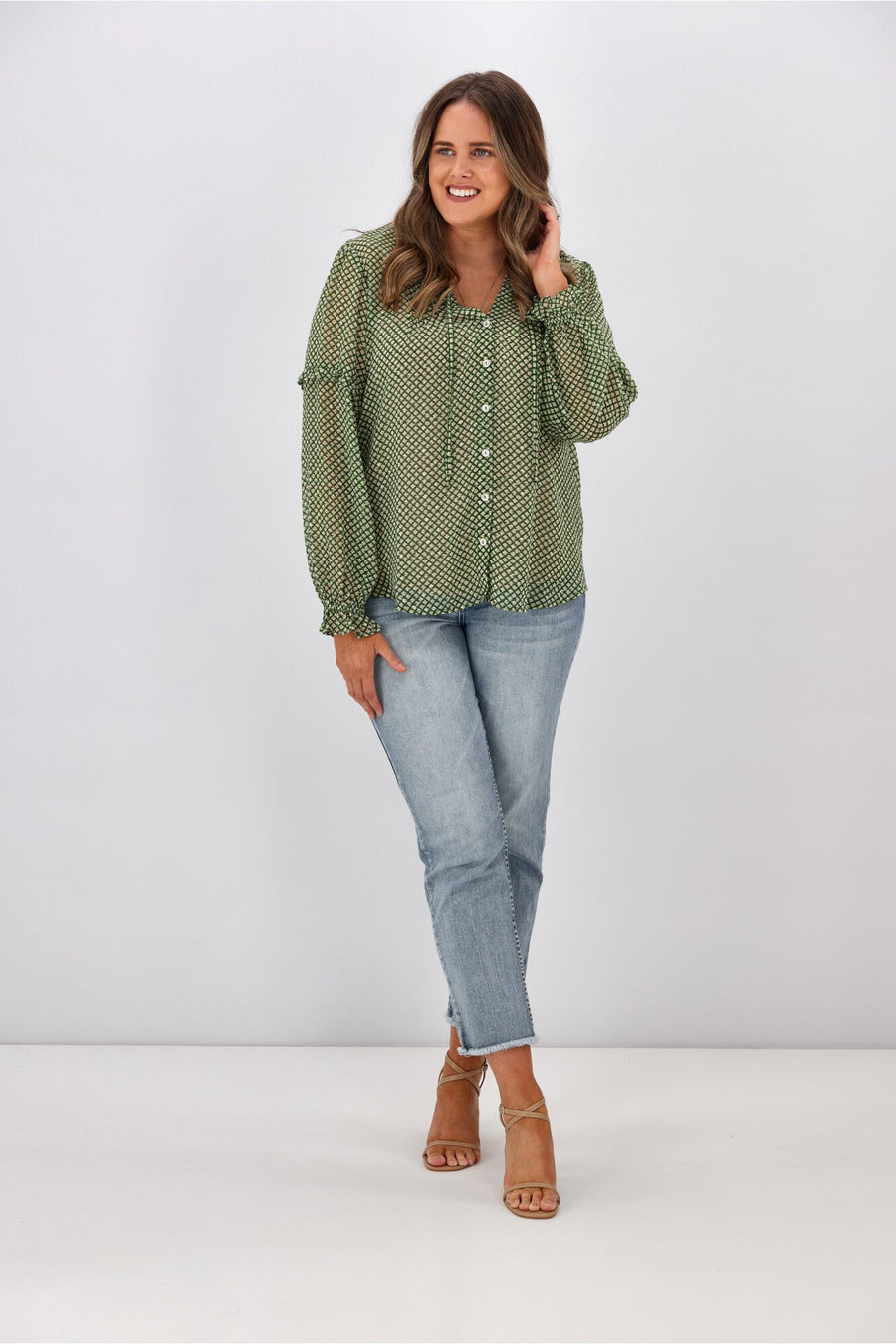 Gloss By Shine On Mia Pintuck Blouse Green Grid Print