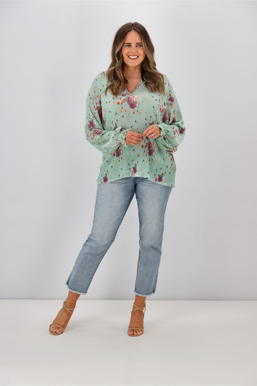 Gloss By Shine On Mila Micro Pleated Blouse Sage