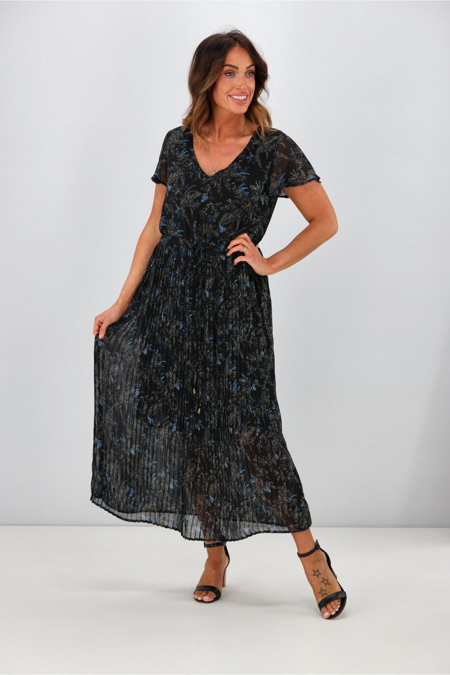 Gloss by Shine On Nyla Pleated Dress Black Fauna Print