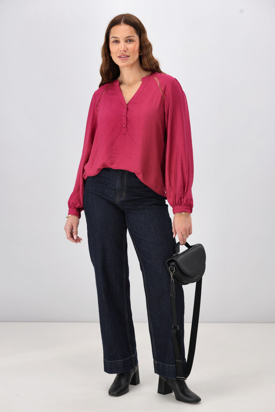 Gloss The Label Leilani Mandarin Collar Blouse Raspberry