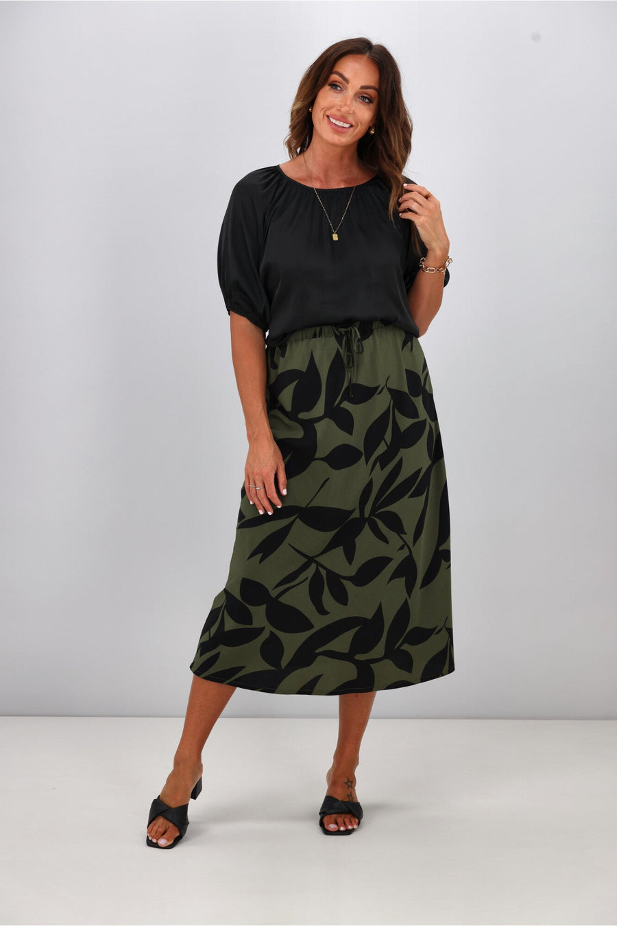 Gloss The Label Lyra Bias Skirt Olive Abstract Print