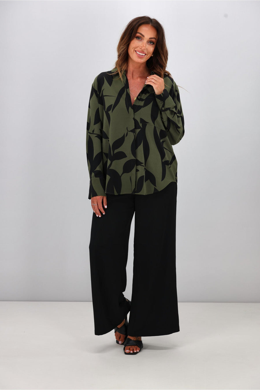 Gloss The Label Odessa Shirt Olive Abstract Print