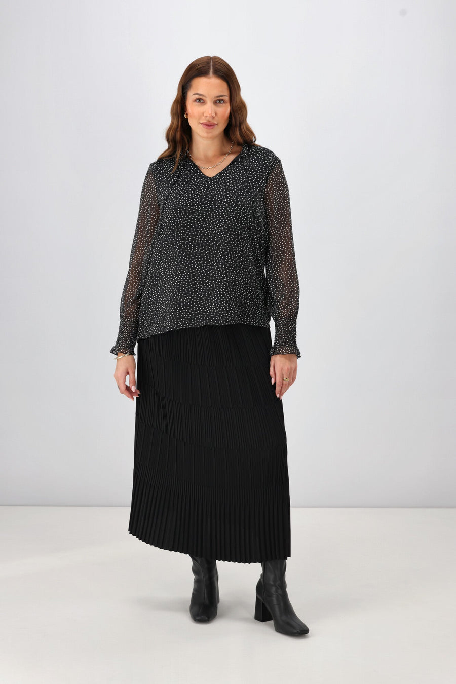 Gloss The Label Rosalia Shirred Bodice Top Black Spot