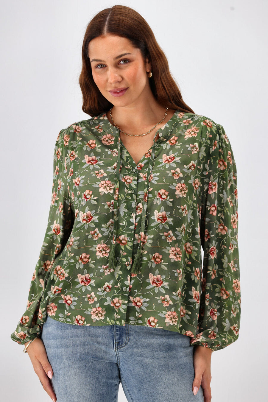 Gloss The Label Zinnia Mandarin Collar Blouse Botanical Floral