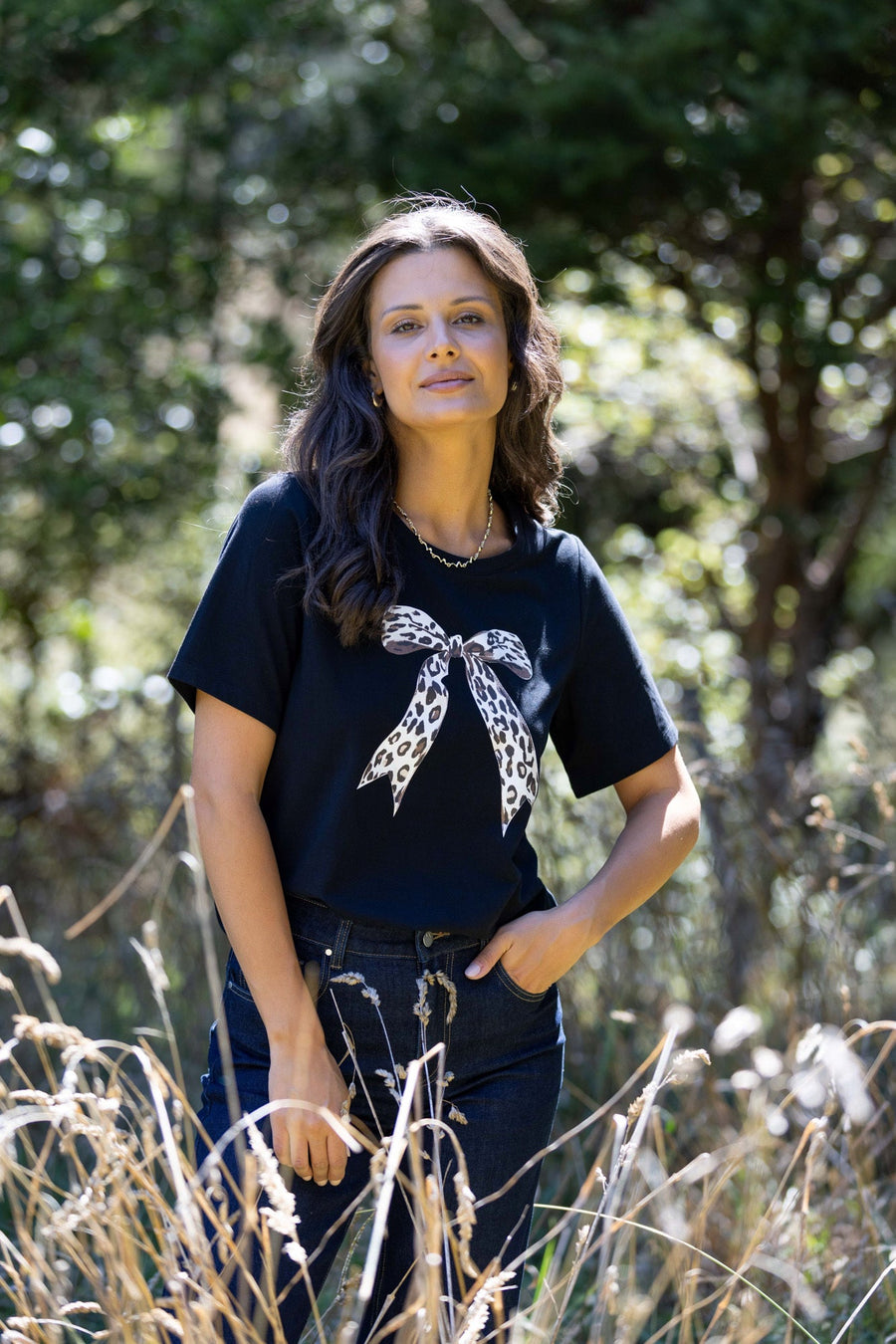 Shine On Label Animal Print Bow Tee Black