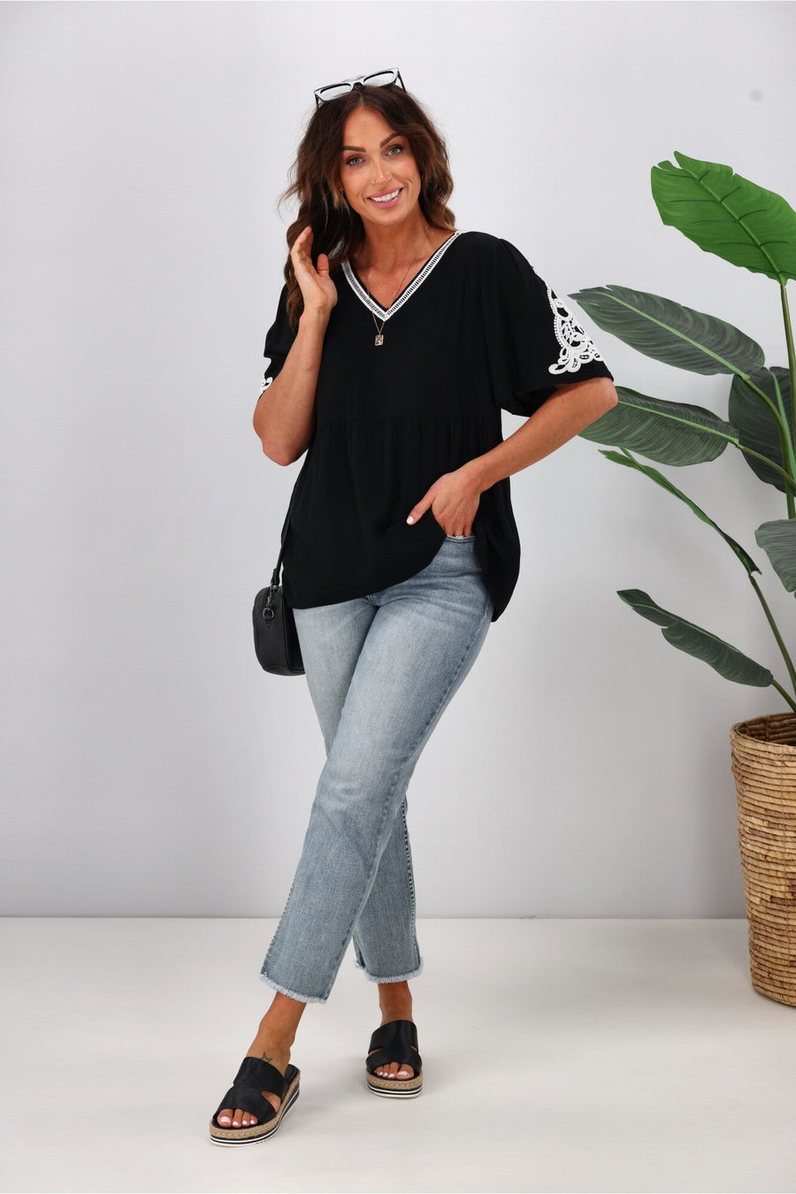 Gloss by Shine On Apollo Lace Detail Top Black