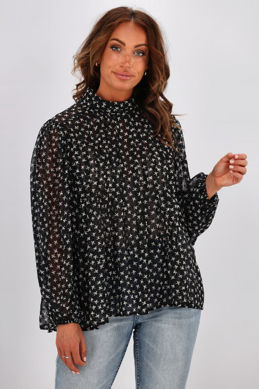 Gloss by Shine On Brigitta Pleat Detail Blouse White Star Dobby Chiffon